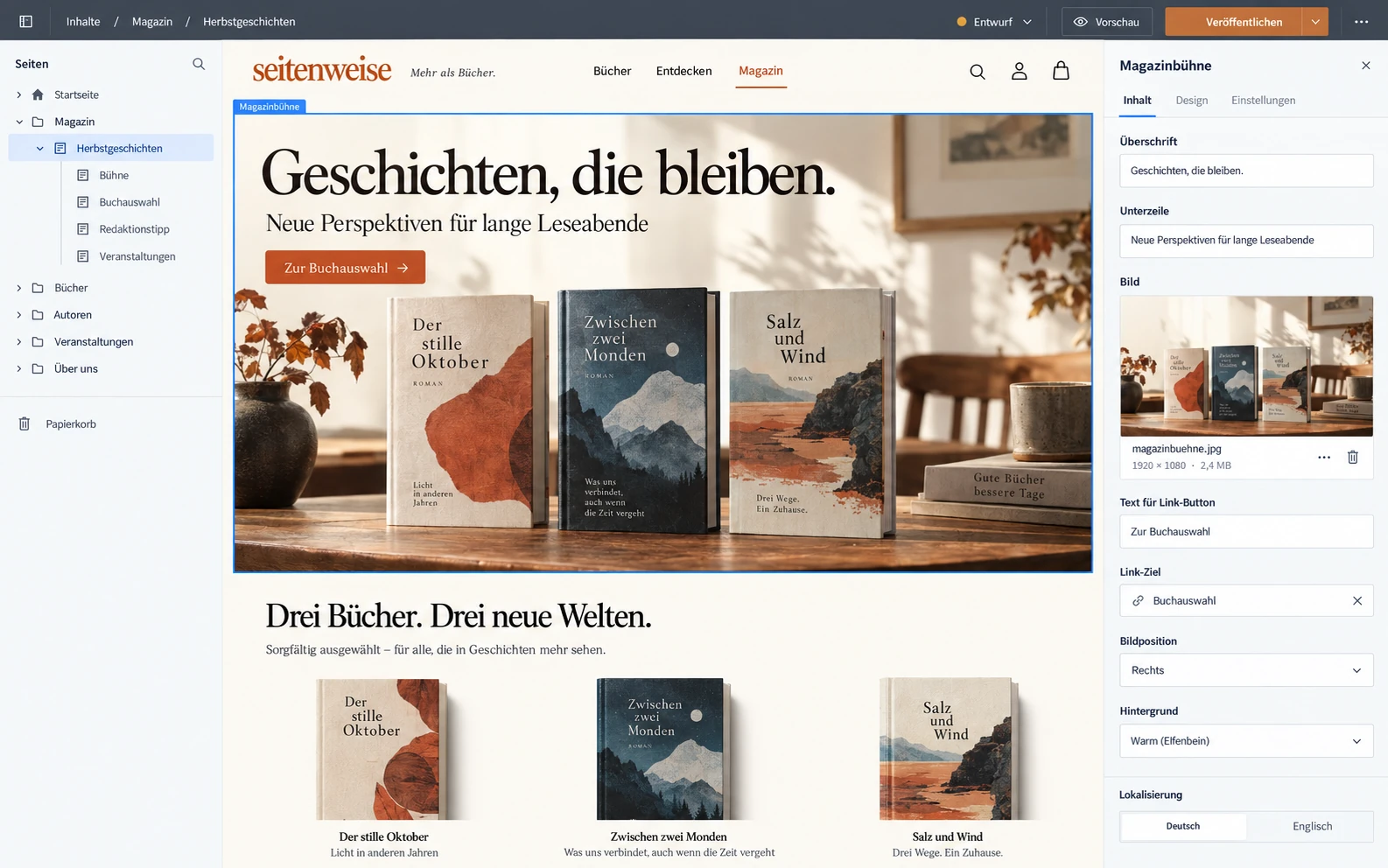 Fiktiver Entwurf einer Buchhandelswebsite im visuellen CMS: eine gestaltete Magazinseite mit Buchmotiven, daneben Bausteine und redaktionelle Eingabefelder.