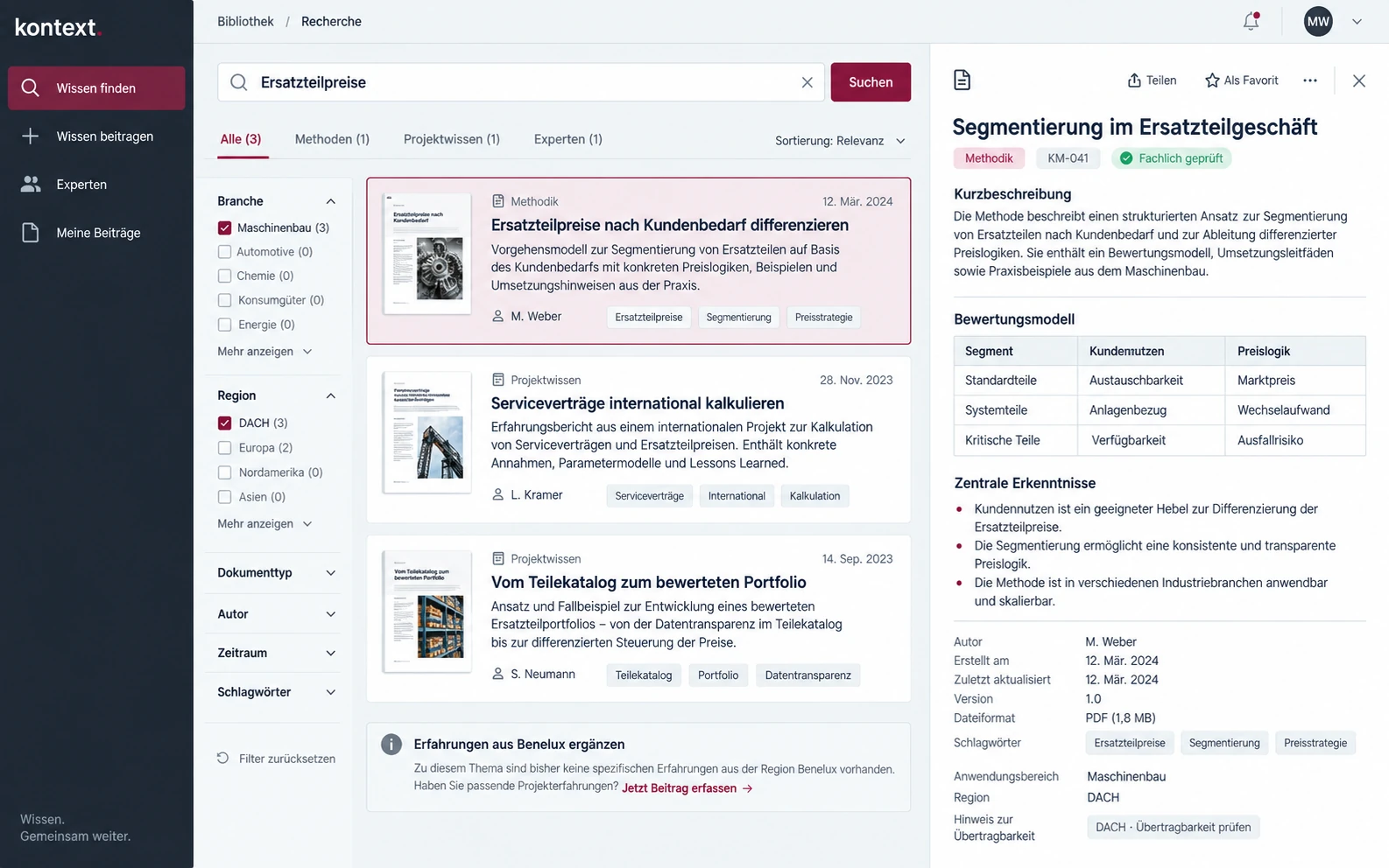 Fiktiver Entwurf einer Wissensplattform: Suche mit Fachfiltern, Projektdokumente und eine geöffnete Methode zur Ersatzteilpreisgestaltung.